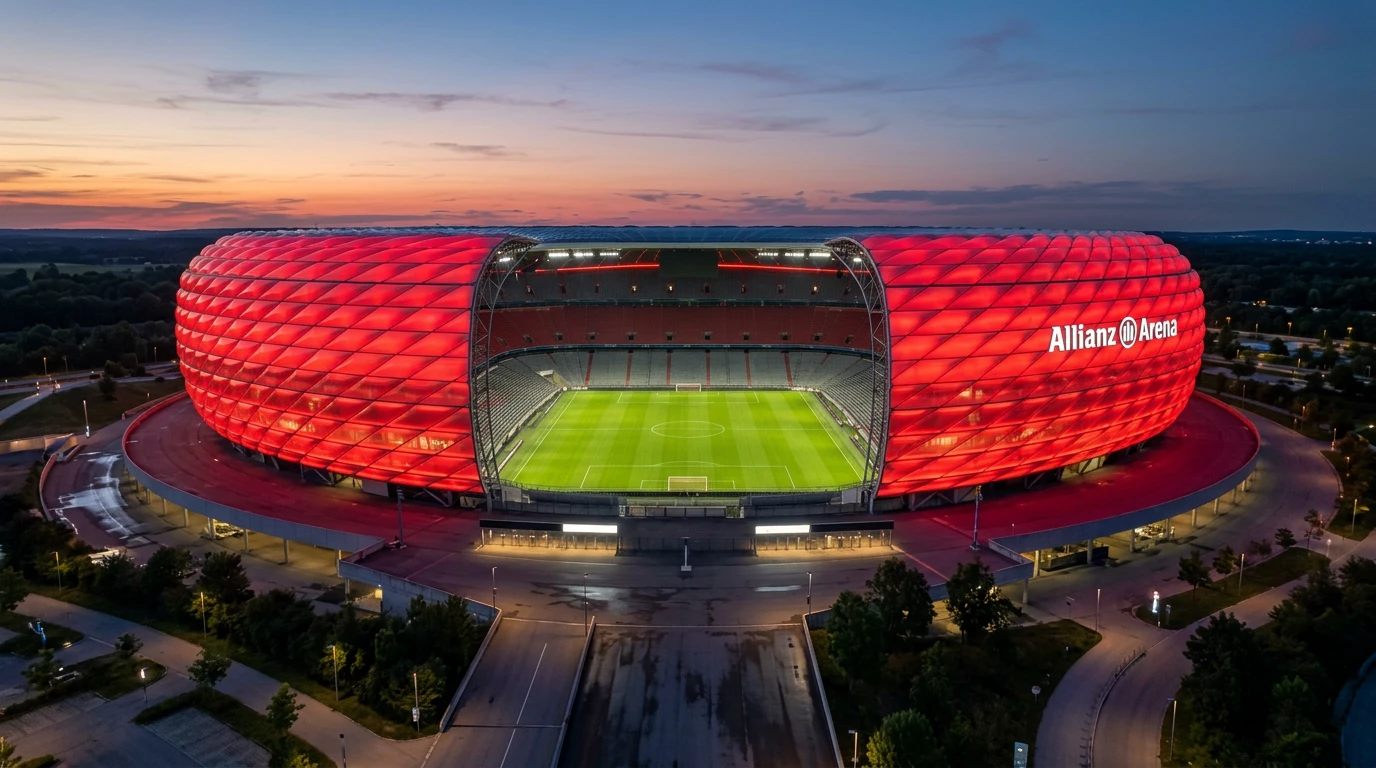 Estadio del Bayern München con campo de fútbol verde y gradas vacías bajo iluminación nocturna