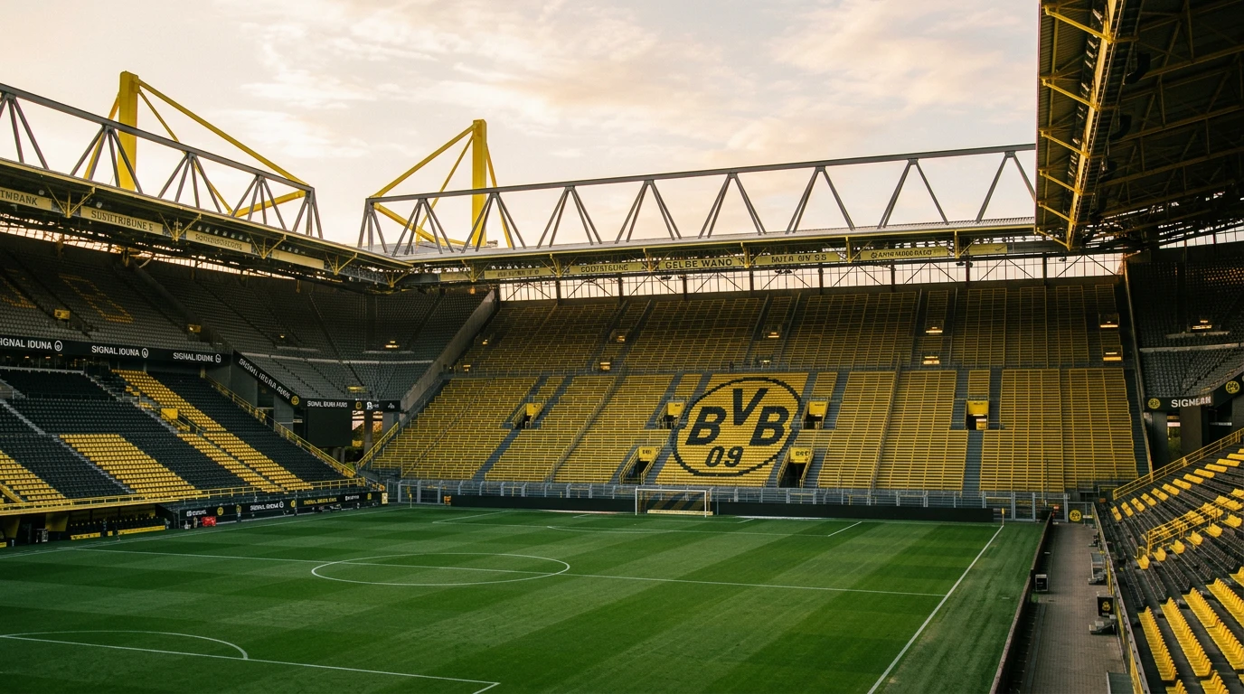 Tribuna sur del Signal Iduna Park del Borussia Dortmund con grada amarilla y campo de fútbol