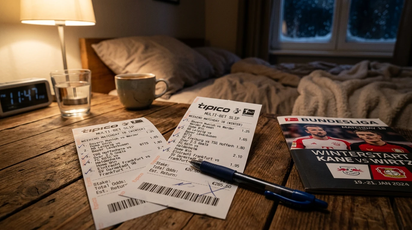 Boleto de apuestas múltiples con varias selecciones junto a un balón de fútbol de la Bundesliga