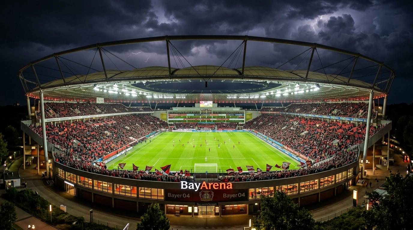Estadio BayArena del Bayer Leverkusen con campo de fútbol iluminado y asientos rojos