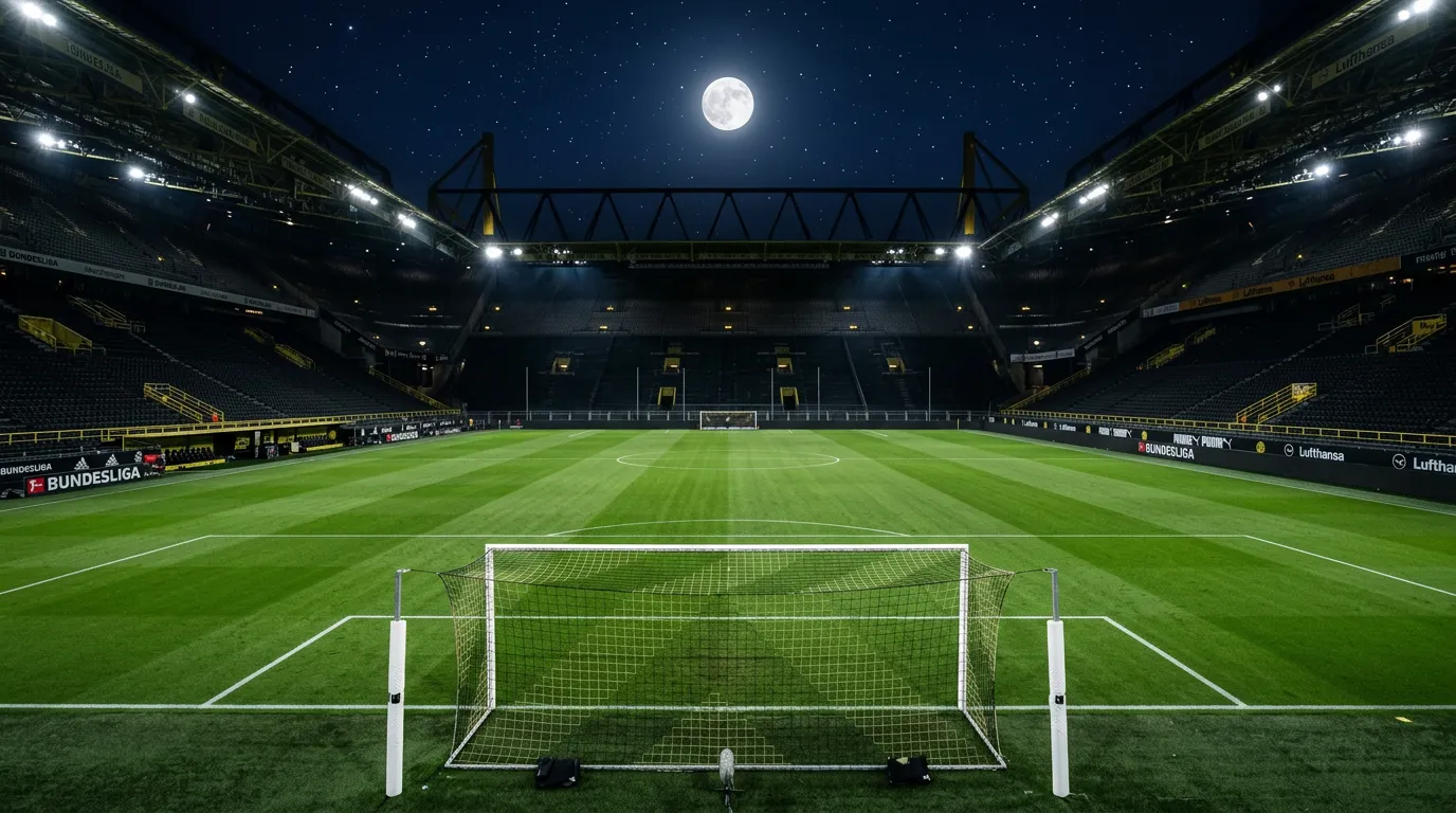 Dos porterías de fútbol enfrentadas en un campo de la Bundesliga con el balón en el centro