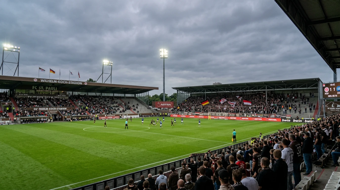 Estadio de la segunda división alemana con gradas parcialmente llenas y campo de fútbol verde