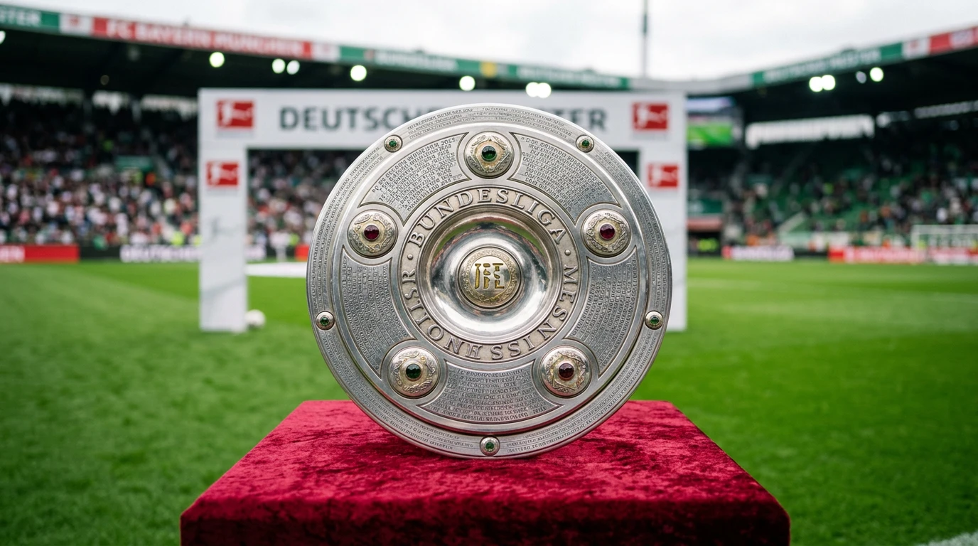 Trofeo de la Bundesliga sobre un podio con césped de campo de fútbol al fondo