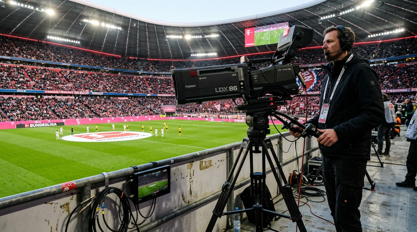 Cámara de televisión enfocando un campo de fútbol de la Bundesliga durante una retransmisión
