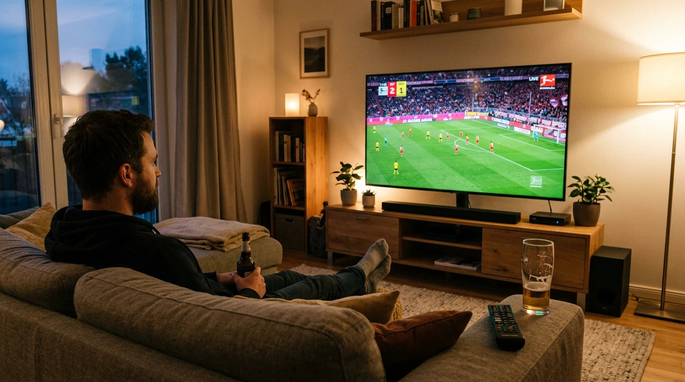Televisor mostrando un partido de fútbol de la Bundesliga en un salón con mando a distancia