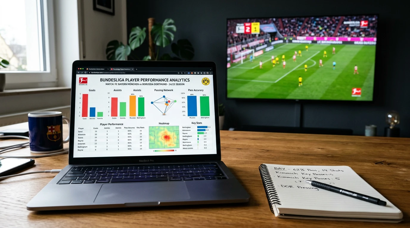 Pantalla de estadísticas deportivas con gráficos de rendimiento de fútbol y campo verde al fondo