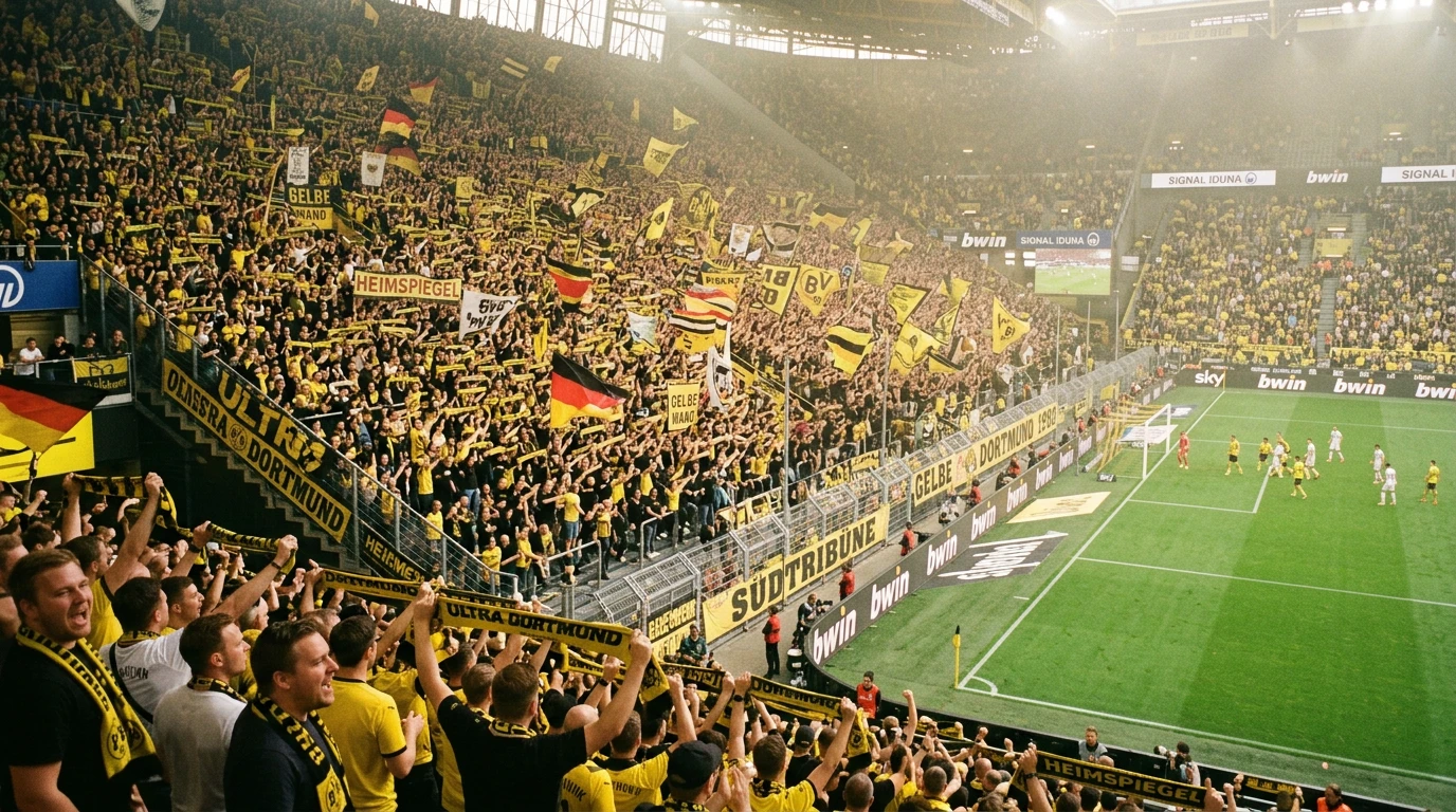 Grada llena de aficionados en un estadio de la Bundesliga durante un partido de fútbol