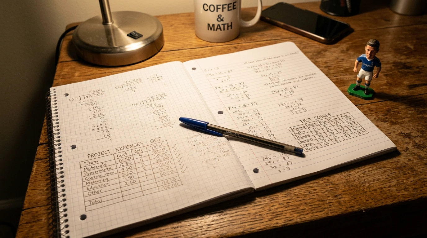 Cuaderno con anotaciones numéricas y un bolígrafo sobre una mesa junto a un balón de fútbol