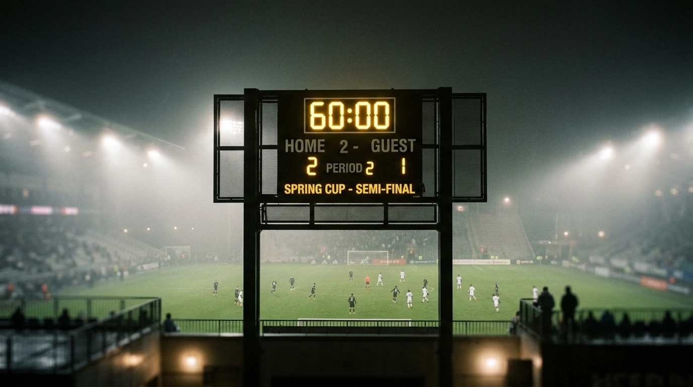Reloj de estadio marcando el minuto 60 con un campo de fútbol iluminado al fondo