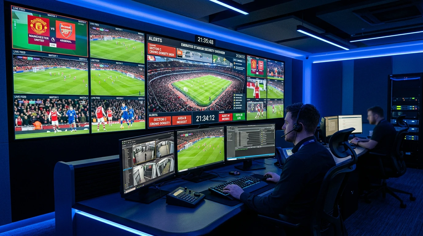 Panel de monitorización digital con alertas de integridad deportiva y un campo de fútbol