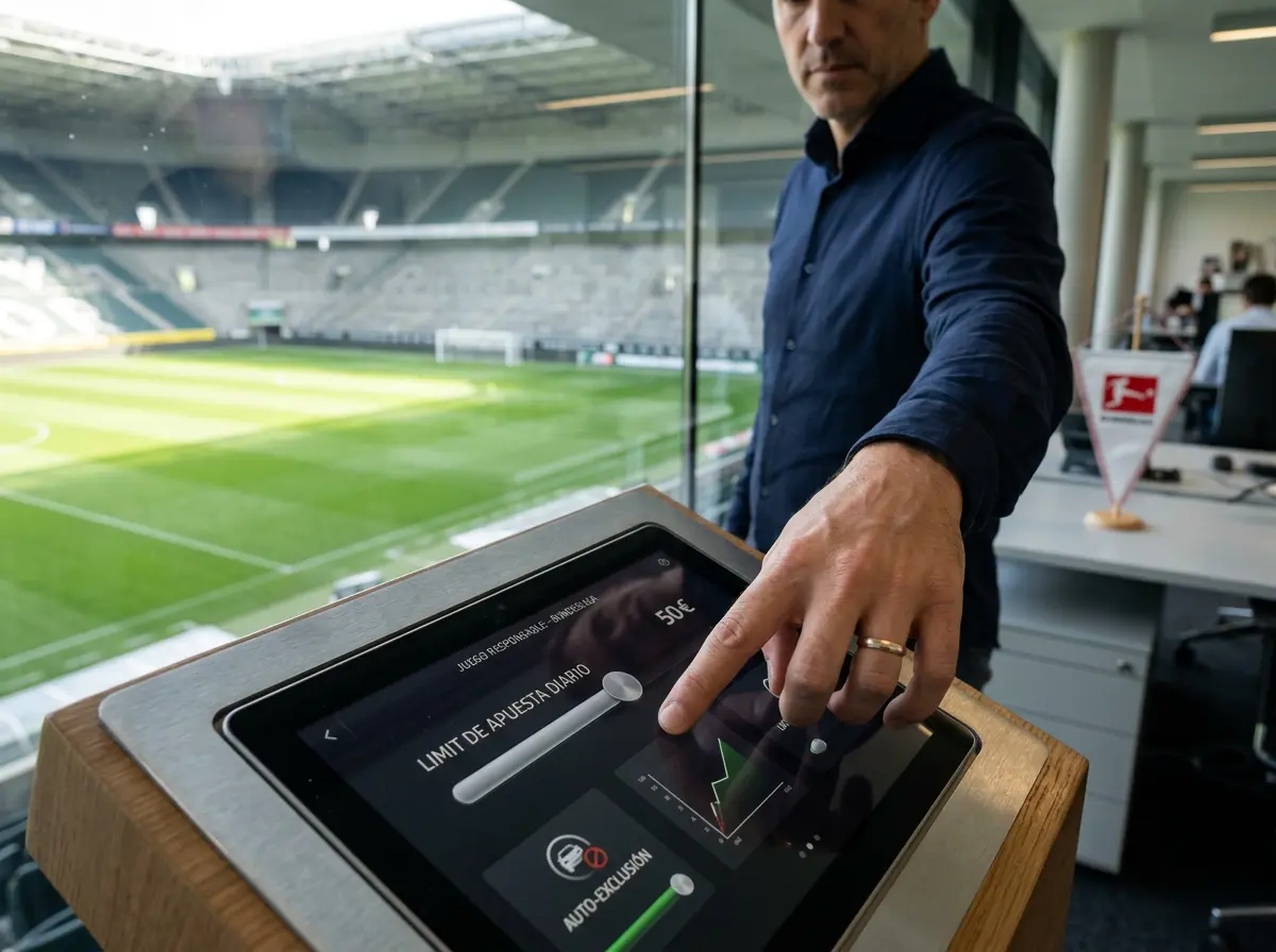Mano colocando un límite en un panel de control con un campo de fútbol al fondo