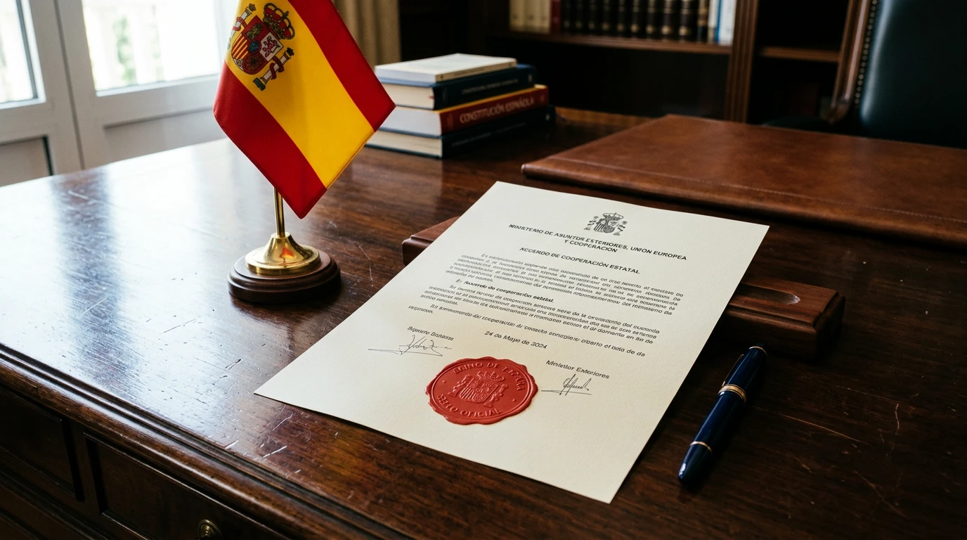 Documento oficial con sello de licencia sobre un escritorio junto a una bandera de España