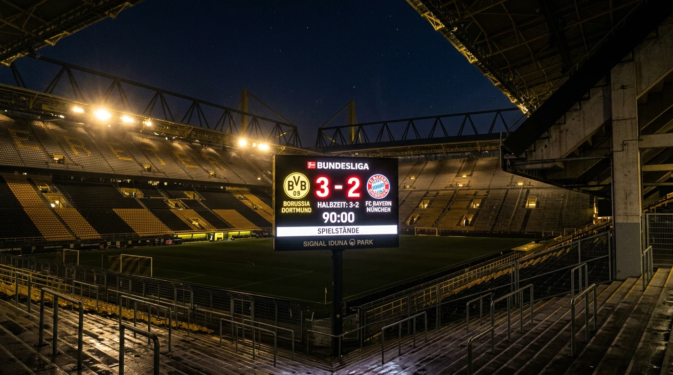 Marcador de estadio de fútbol con números iluminados y campo verde de la Bundesliga
