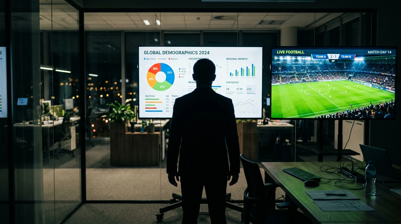 Silueta de persona frente a una pantalla con datos demográficos y un campo de fútbol