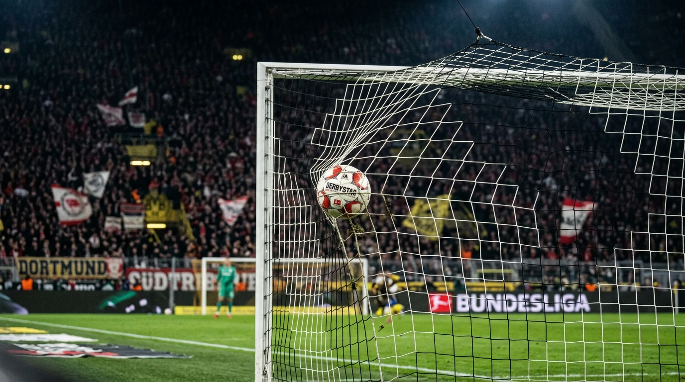 Balón de fútbol dentro de la red de una portería en un estadio de la Bundesliga