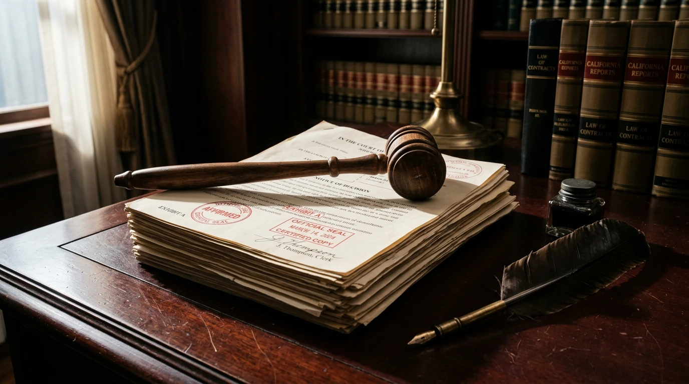 Martillo de juez sobre documentos oficiales con sellos rojos en un escritorio