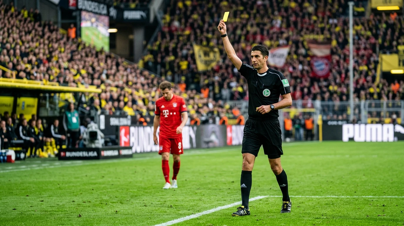 Árbitro de fútbol mostrando una tarjeta amarilla en un partido de la Bundesliga