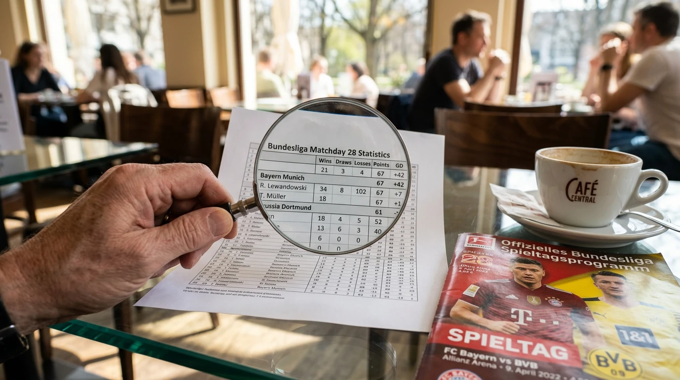 Lupa sobre una tabla de datos numéricos de fútbol con un balón de la Bundesliga al lado