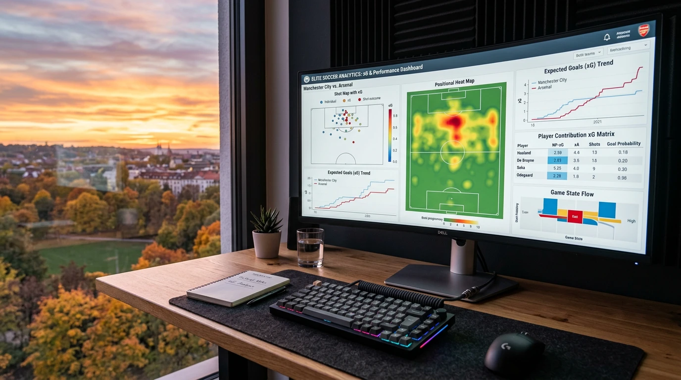 Monitor con gráficos de métricas avanzadas de fútbol xG sobre un escritorio con notas